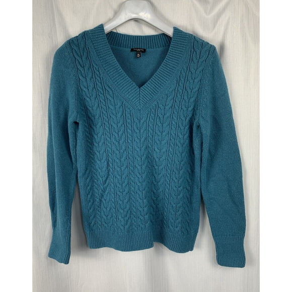 Talbots V Neck Size MP Cable Knit‎ Sweater Turquoise Lambs wool &Nylon Blend - Picture 1 of 8